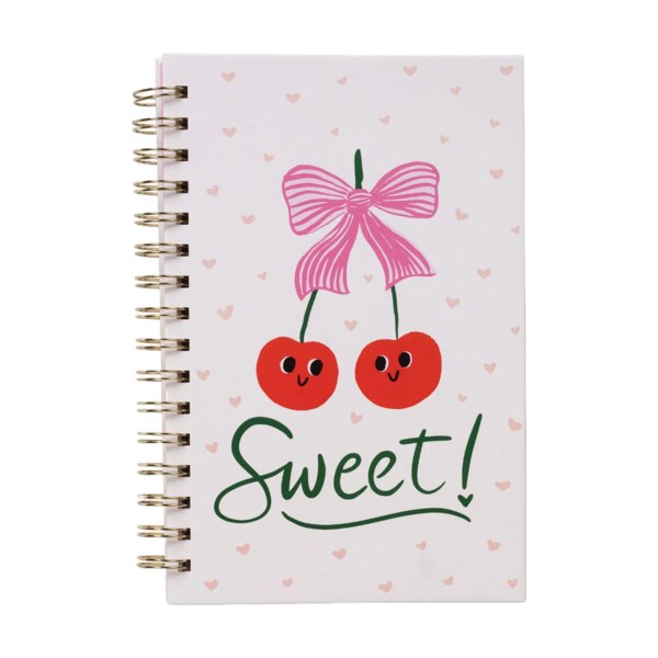 front of notebook with two cherries with a bow at top and small hearts in the background and says "Sweet!" at the bottom